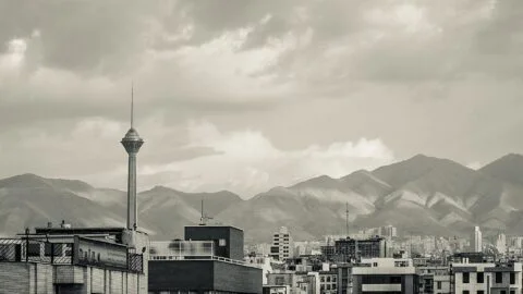 The Tehran skyline with Milad Tower and the Alborz mountains